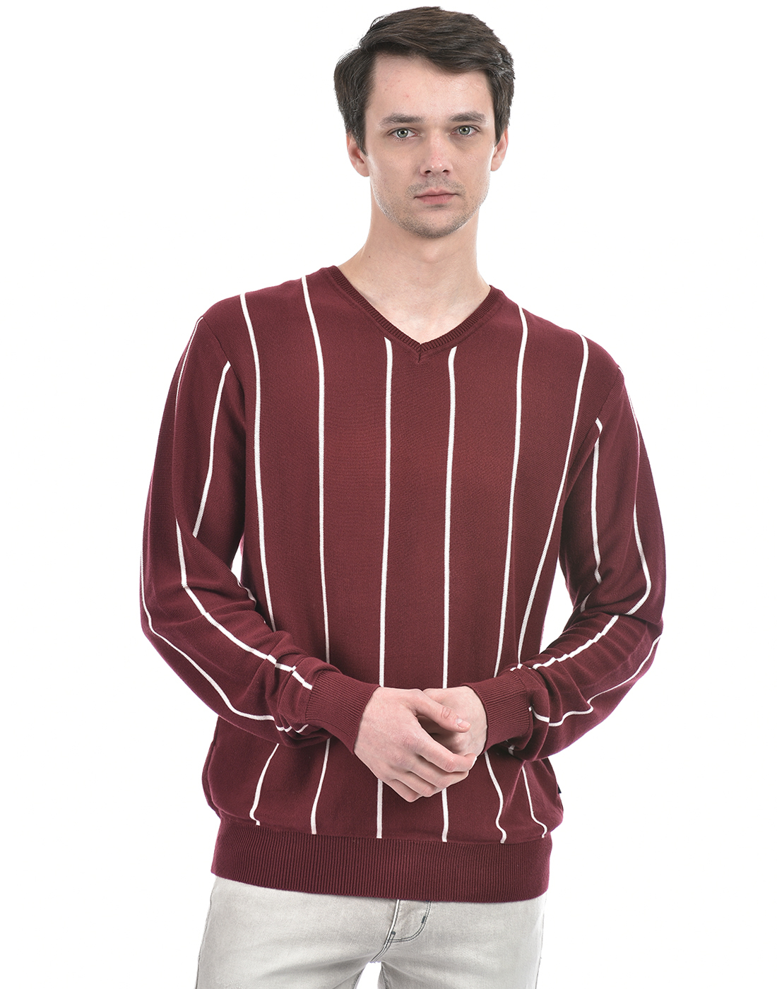 Numero Uno Men Striped Maroon Sweater